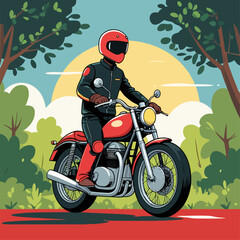 vector silhouette of a cartoon motorbike biker on a mountain background
