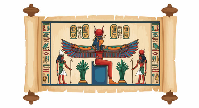 Ancient Egyptian scroll with goddess and hieroglyphs, perfect for historical projects