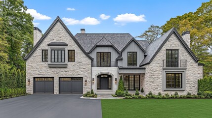 An old stone mansion with arched windows and iron railings is beautifully illuminated at dusk, nestled in a lush Parisian city garden, surrounded by trees