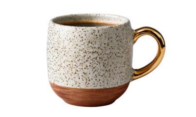 A Morning Brew: An inviting and aromatic coffee, steeped in a speckled ceramic mug with a golden handle, promises a fresh start.