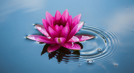 Vibrant pink lotus flower blossoms on tranquil blue water creating ripples of serenity and natural beauty