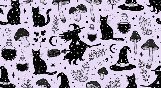 Whimsical witchy pattern with black cats, mushrooms, crystal, and celestial magic