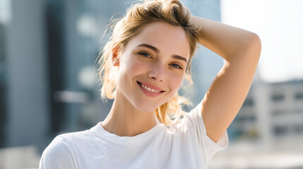 Portrait of a smiling blonde woman in a white t shirt with hand in her hair