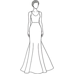 Outline Sketch of Elegant Female Fashion Model in Long Dress
