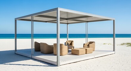 Obraz premium Modern Beach Lounge - Minimalist Structure with Ocean View and Seating.