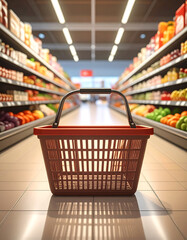 An empty shopping basket on the floor of grocery store