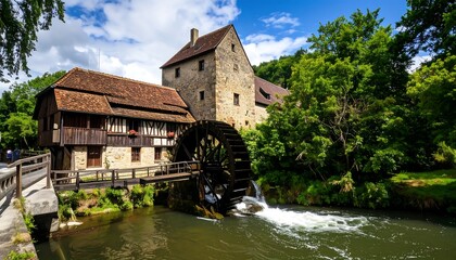 Watermill beside river on sunny day