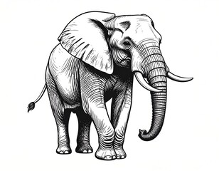 Detailed black and white illustration of an elephant