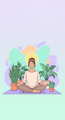 Fototapeta premium Pastel Vector Illustration of Woman Meditating in Lotus Pose with Plants and Sun, Modern Flat Wellness Design
