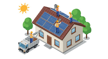 Team installing solar panels on residential roof for sustainable energy under a sunny sky vector illustration