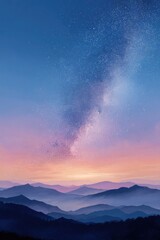 Obraz premium Serene twilight panorama showcasing a vibrant, swirling Milky Way galaxy above a misty, layered mountain range