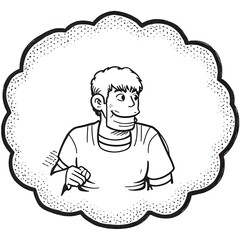 Black and white cartoon man with pen in comic style frame