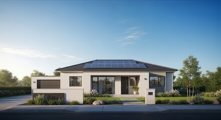 Modern Single-Story House with Solar Panels and Garage