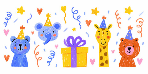 Cute cartoon animals wearing party hats with balloons confetti and gifts celebrating birthday party