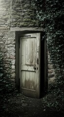 Old Wooden Door in Stone Wall with Overgrown Ivy