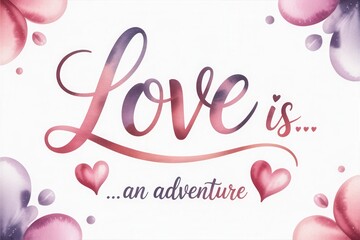 Romantic quote Love is an adventure with hearts and watercolor design for greeting cards