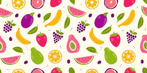 Vibrant and colorful seamless pattern featuring a variety of fresh fruits and leaves in a playful flat design style