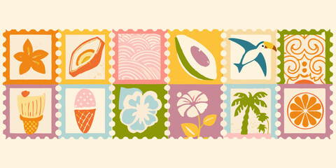 A vibrant collection of stylized postage stamps featuring tropical fruits flowers birds and desserts