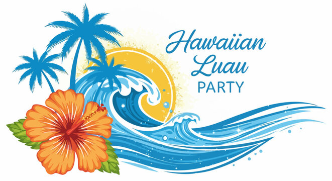 Vibrant Hawaiian luau party invitation with tropical waves, palm trees, and hibiscus flower