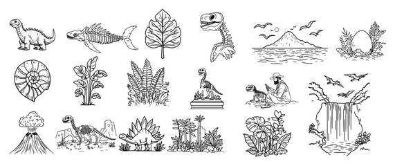 Prehistoric Dinosaurs Fossils Volcano and Nature Elements Collection black shape vector laser cutting engraving monochrome print © Mago