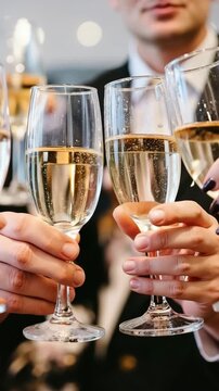 Hand holding glass of champagne, people cheering, friends, party nightclub, wedding, cheering, family, sparkling wine, luxury, 4K, vertical video, social media, 9:16, insta story