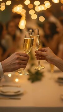Hand holding glass of champagne, people cheering, friends, party nightclub, wedding, cheering, family, sparkling wine, luxury, 4K, vertical video, social media, 9:16, insta story
