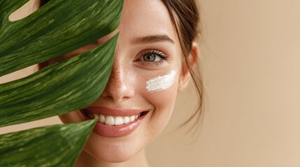 Naklejka premium A woman with a bright smile applies cream to her face as she partially hides behind a large green leaf. Natural light brightens the indoor space.