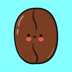 Cute coffee bean character with a happy expression on a light blue background.