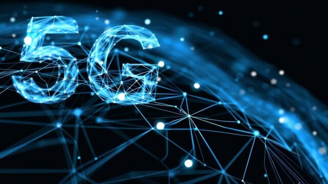 4K digital animation of glowing blue 5G network text with futuristic connections, symbolizing high-speed communication, next-generation internet, innovation, and modern wireless technology - Powered by Adobe