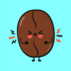 Obraz premium Cute cartoon coffee bean with an angry expression on a blue background.