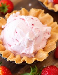 Pink strawberry ice cream in a crispy, ruffled, small bowl, alongside fresh berries