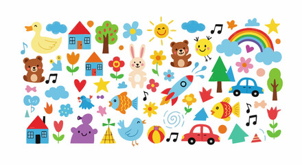 Vibrant collection of cute cartoon animals, houses, cars, and nature elements in playful crayon style