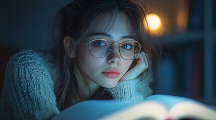 A young woman wearing glasses rests her chin on her hand looking towards the camera in soft light near an open book