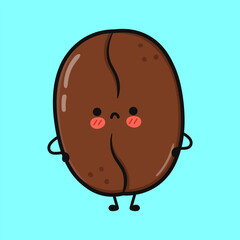 Cute coffee bean cartoon character with a sad expression on a blue background.
