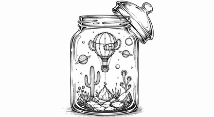 Whimsical cactus hot air balloon dreamscape in a jar evokes wanderlust and a touch of desert magic
