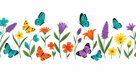 Vibrant butterflies flutter among colorful wildflowers in a charming garden border design