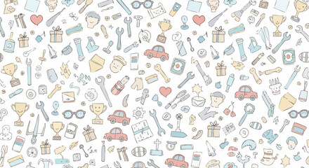 Whimsical doodle pattern featuring cars, tools, hearts, and trophies for a playful, creative vibe.