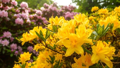 Vibrant yellow azaleas in garden