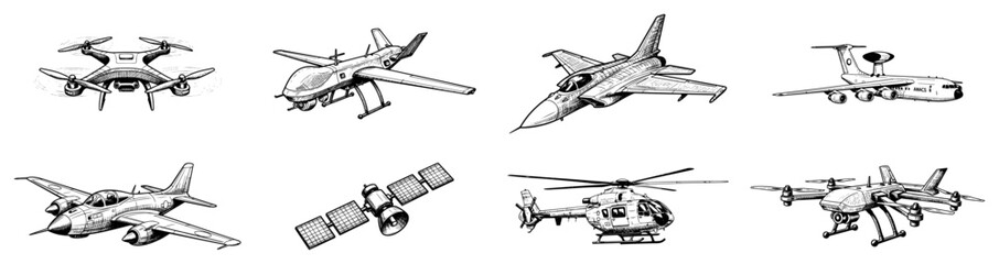 Aircraft Drone and Helicopter Vintage Engraving Set black shape vector laser cutting engraving monochrome print © Mago
