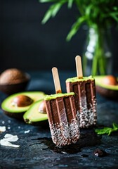 Chocolate-covered avocado popsicles on dark surface