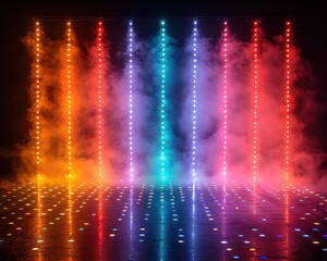 Colorful stage with vibrant lights and smoke