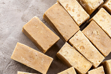 Handmade soap made from recycled vegetable oil, saponification process