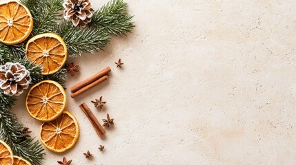Festive arrangement of dried oranges, pine branches, pine cones, and cinnamon sticks, perfect for holiday decor and seasonal recipes, creating a warm and inviting atmosphere.