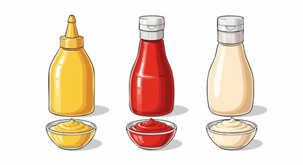 Vibrant ketchup mustard and mayonnaise bottles with dipping bowls for culinary creations