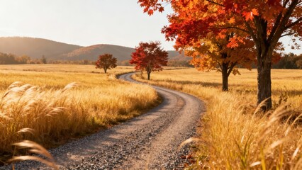 Fototapeta premium A picturesque autumnal lane winds through a golden field, showcasing vibrant fall foliage and a serene countryside landscape.