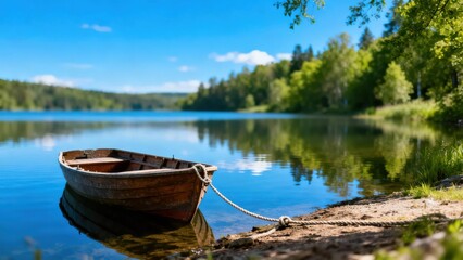 Obraz premium A tranquil wooden rowboat rests peacefully on the calm lake's edge, bathed in the sunlight of a summer day.