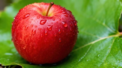 A close-up view of a glistening red  resting on a lush green leaf, showcasing vibrant colors and delicate water droplets.