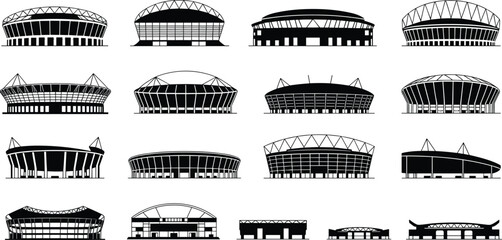 Stadium silhouette collection, modern sports arena designs, architectural vector set, black and white illustration, contemporary event venue, urban landmark, detailed building graphics © Titan