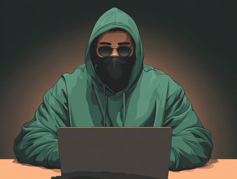 A person is focused on their laptop while wearing a green hoodie and sunglasses. The room is dimly lit, creating a secretive atmosphere.