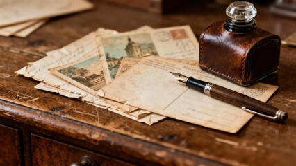 Vintage postcards, letters, and a fountain pen rest on a weathered wooden surface, evoking a sense of history and nostalgia.
